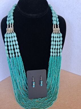 Turquoise Color Seed Bead Multi-Strand Beaded Necklace and Earrings Set
